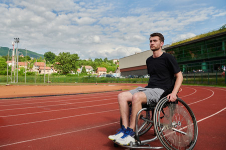 A person with disability in a wheelchair training tirelessly on the track in preparation for the Paralympic Gamesの写真素材