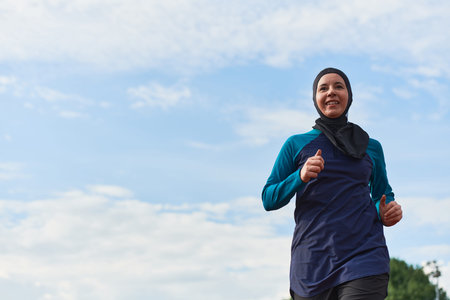 A muslim woman in a burqa sports muslim clothes running on a marathon course and preparing for...