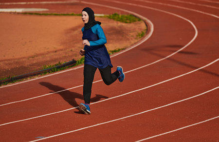 A muslim woman in a burqa sports muslim clothes running on a marathon course and preparing for...