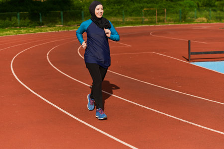 A muslim woman in a burqa sports muslim clothes running on a marathon course and preparing for...