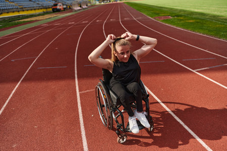 A woman with disability in a wheelchair showing dedication and strength by showing her musclesの写真素材