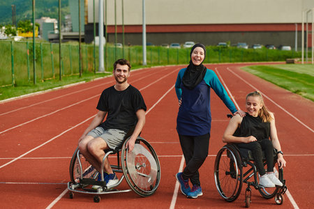 A woman with a disability in a wheelchair talking after training with a woman wearing a hijab and a man in a wheelchairの写真素材