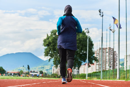 A muslim woman in a burqa sports muslim clothes running on a marathon course and preparing for upcoming competitionsの写真素材