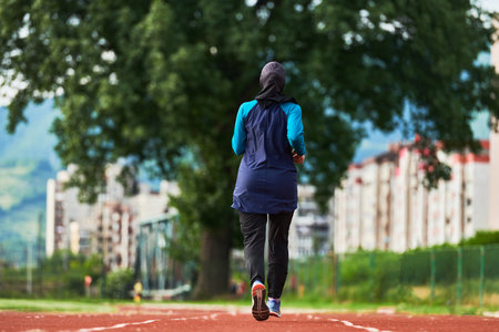 A muslim woman in a burqa sports muslim clothes running on a marathon course and preparing for upcoming competitionsの写真素材