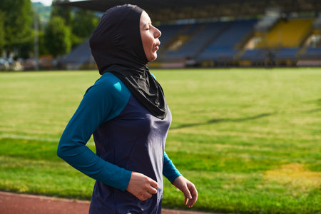 A muslim woman in a burqa sports muslim clothes running on a marathon course and preparing for upcoming competitionsの写真素材