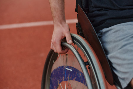 Close up photo of a person with disability in a wheelchair training tirelessly on the track in preparation for the Paralympic Gamesの写真素材