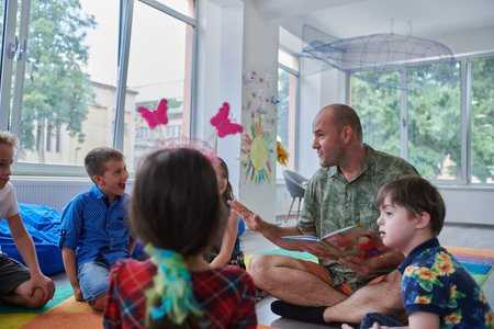 Reading time in an elementary school or kindergarten, a teacher reading a book to children in an...