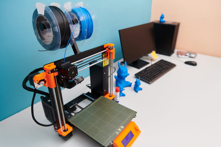 Modern 3d printer for creating 3d models and materials on the table in the laboratories next to the...