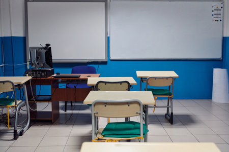 Empty chairs in classrom. Modern furniture. Interior of cafe. Conference hall.の写真素材