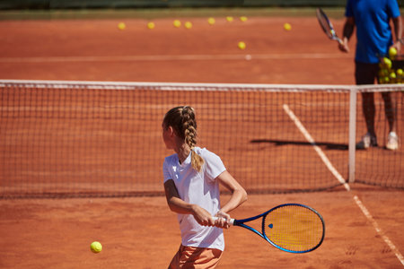 A professional tennis player and her coach training on a sunny day at the tennis court. Training and preparation of a professional tennis playerの写真素材