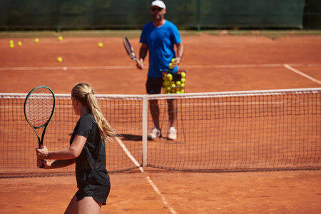 A professional tennis player and her coach training on a sunny day at the tennis court. Training and preparation of a professional tennis playerの写真素材