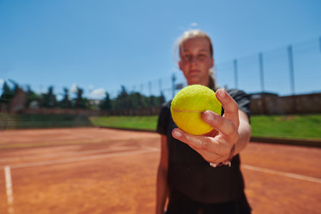 Before her training, the tennis player joyfully playing with a tennis ball, radiating enthusiasm and playfulness, as she prepares herself mentally and physically for the upcoming challenges on the courtの写真素材