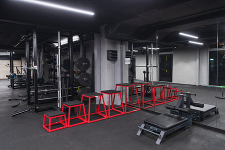 An empty modern gymnasium with a variety of equipment, offering a spacious, functional, and...