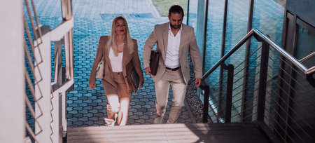 Modern business couple after a long days work, walking together towards the comfort of their home,...