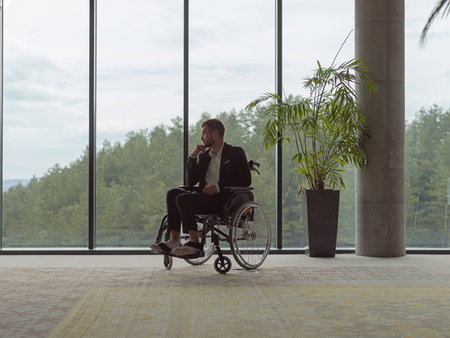 A melancholic businessman in a wheelchair sitting with a sad expression, gazing through the window...