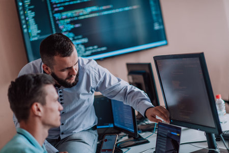Programmers engrossed in deep collaboration, diligently working together to solve complex problems...
