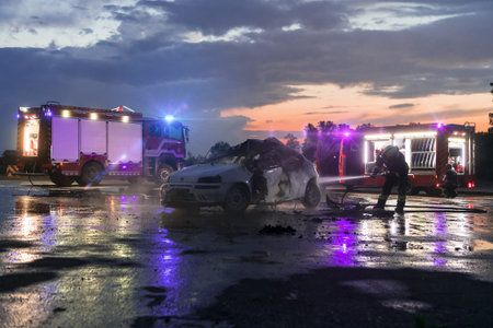 Firefighters using water fire extinguisher to fighting with the fire flame in car accident....