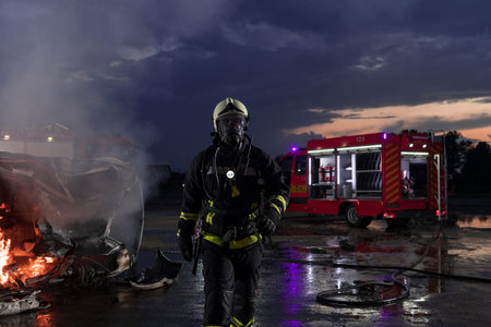 Portrait of a heroic fireman in a protective suit. Firefighter in fire fighting or car accident...