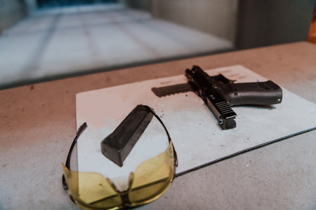 Shooting equipment in front of the target. Pistol, goggles and headphones on the table of a modern shooting rangeの写真素材