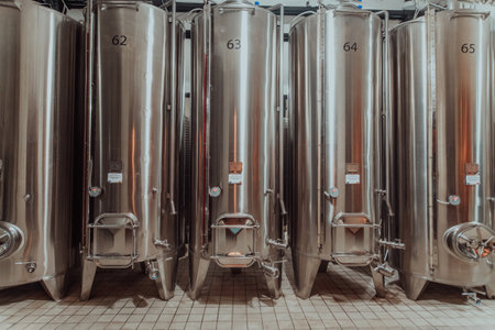 Modern wine distillery and brewery with brew kettles pipes and stainless steel tanksの写真素材