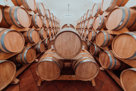 Wine or cognac barrels in the cellar of the winery, Wooden wine barrels in perspective. Wine...