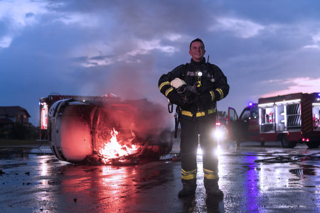 Portrait of a heroic fireman in a protective suit. Firefighter in fire fighting operation.