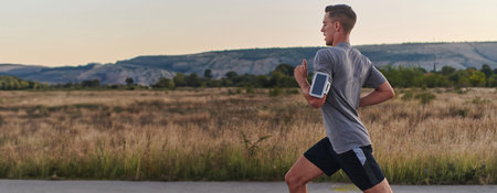 A young handsome man running in the early morning hours, driven by his commitment to health and...
