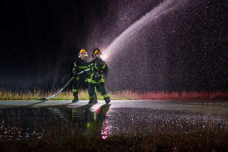 Firefighters using a water hose to eliminate a fire hazard. Team of female and male firemen in dangerous rescue mission.の写真素材