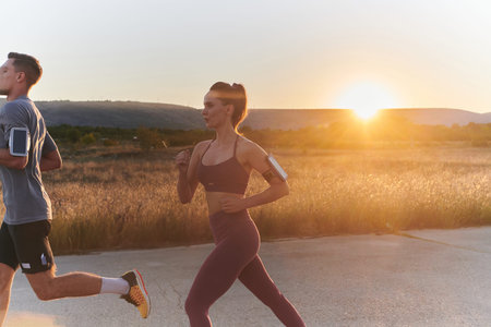 A handsome young couple running together during the early morning hours, with the mesmerizing sunrise casting a warm glow, symbolizing their shared love and vitalityの写真素材