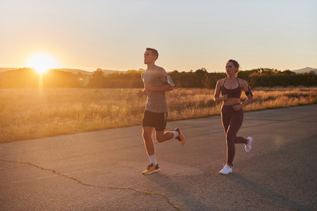 A handsome young couple running together during the early morning hours, with the mesmerizing sunrise casting a warm glow, symbolizing their shared love and vitalityの写真素材