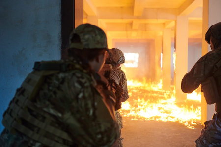 A group of professional soldiers bravely executes a dangerous rescue mission, surrounded by fire in...