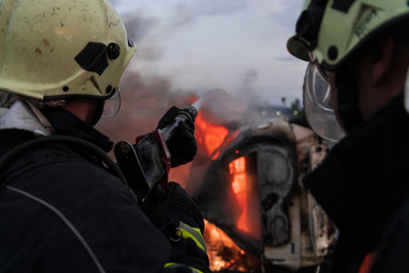 Firefighters fight the fire flame to control fire not to spreading out. Firefighter industrial and public safety concept. Traffic or car accident rescue and help action.の写真素材