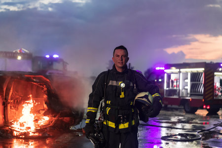 Portrait of a heroic fireman in a protective suit. Firefighter in fire fighting operation.の写真素材