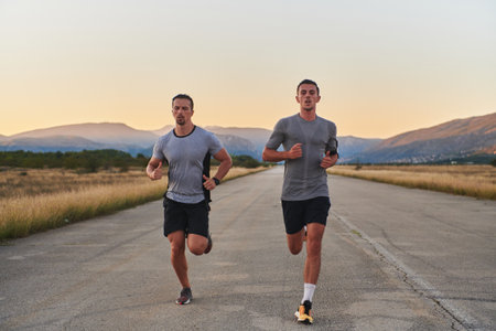Group of handsome men running together in the early morning glow of the sunrise, embodying the essence of fitness, vitality, and the invigorating joy of embracing natures tranquility during their refreshing and energizing workout.の写真素材
