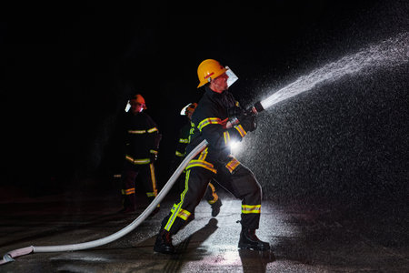 Firefighters using a water hose to eliminate a fire hazard. Team of female and male firemen in...