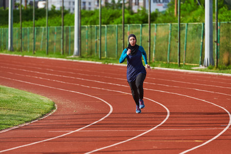 A muslim woman in a burqa sports muslim clothes running on a marathon course and preparing for...