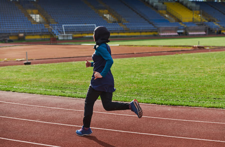 A muslim woman in a burqa sports muslim clothes running on a marathon course and preparing for upcoming competitionsの写真素材