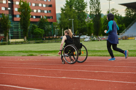 A Muslim woman in a burqa running together with a woman in a wheelchair on the marathon course, preparing for future competitions.の写真素材