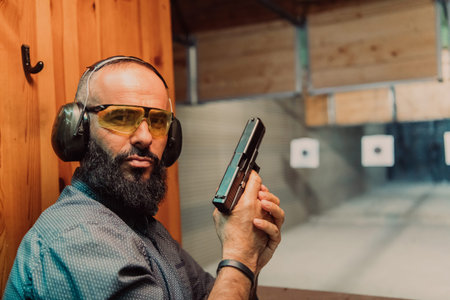 A man practices shooting a pistol in a shooting range while wearing protective headphones