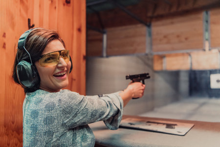 A woman practices shooting a pistol in a shooting range while wearing protective headphonesの写真素材