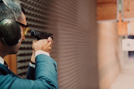 A man practices shooting a pistol in a shooting range while wearing protective headphonesの写真素材