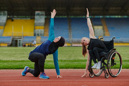 Two strong and inspiring women, one a Muslim wearing a burka and the other in a wheelchair stretching and preparing their bodies for a marathon race on the trackの写真素材