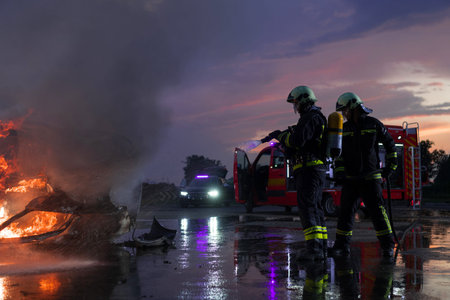 Firefighters fight the fire flame to control fire not to spreading out. Firefighter industrial and...