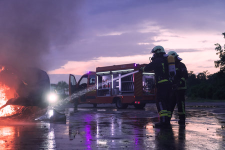 Firefighters using water fire extinguisher to fighting with the fire flame in car accident....