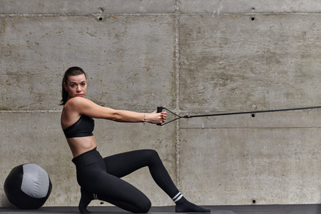 A fit woman in a modern gym performs arm exercises with determination, showcasing her strength and...
