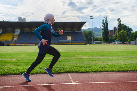 A muslim woman in a burqa sports muslim clothes running on a marathon course and preparing for upcoming competitionsの写真素材