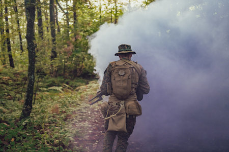 Battle of the military in the war. Military troops in the smoke