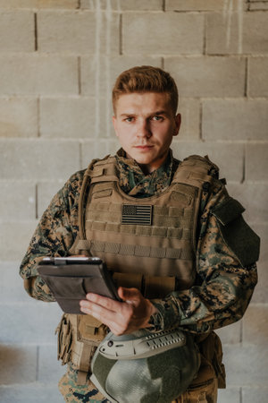 Soldier using tablet computer against old brick wallの写真素材