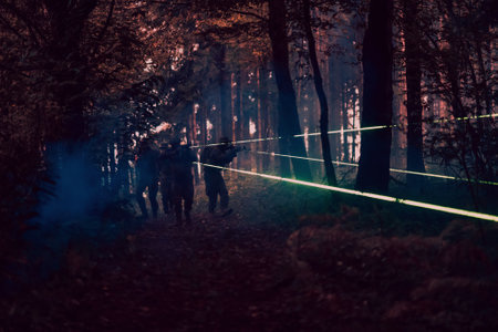 Soldiers squad in action on night mission using laser sight beam lights military team conceptの写真素材