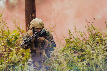 Battle of the military in the war. Military troops in the smoke